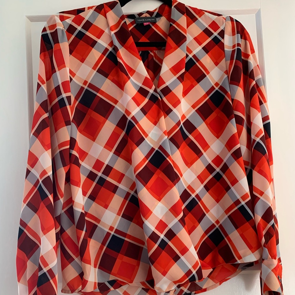 Vince Camuto Red Navy Plaid Long-Sleeve Blouse